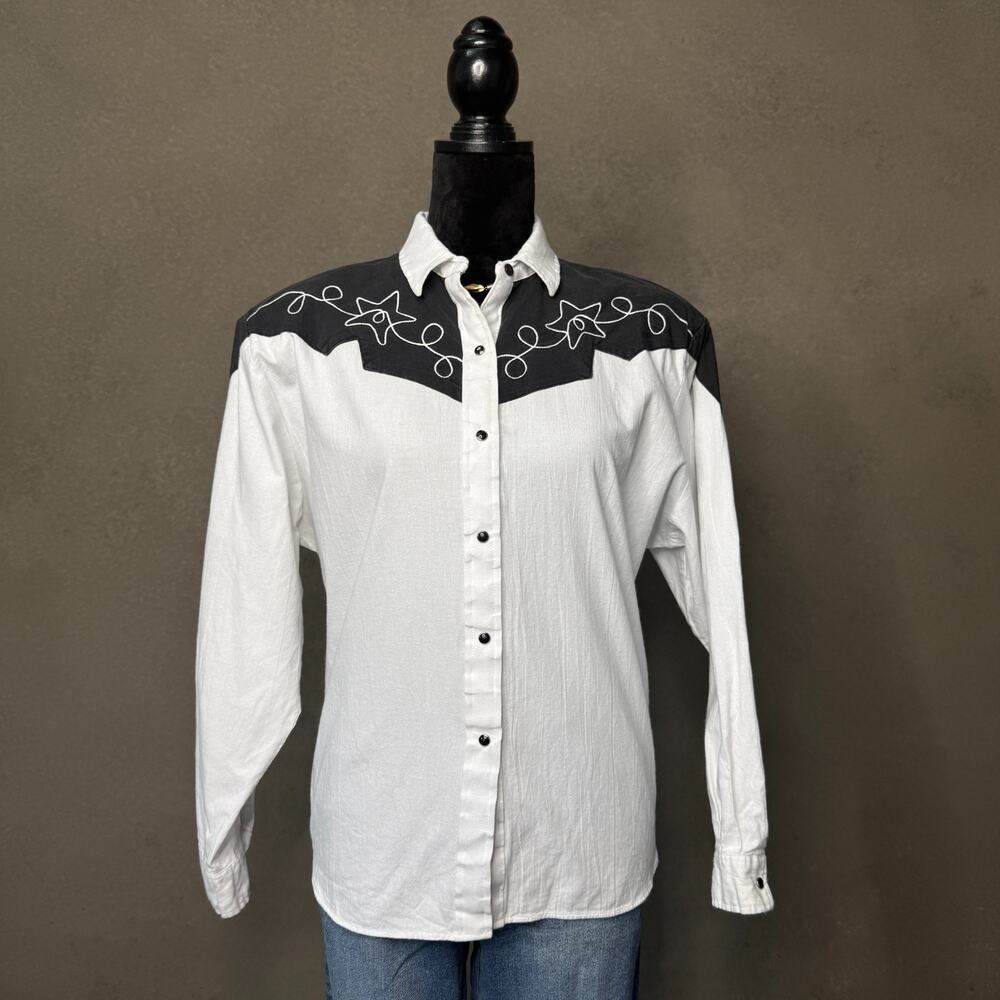 Kenny Rogers Western Shirt Womens L Black White Embroidered Yoke USA